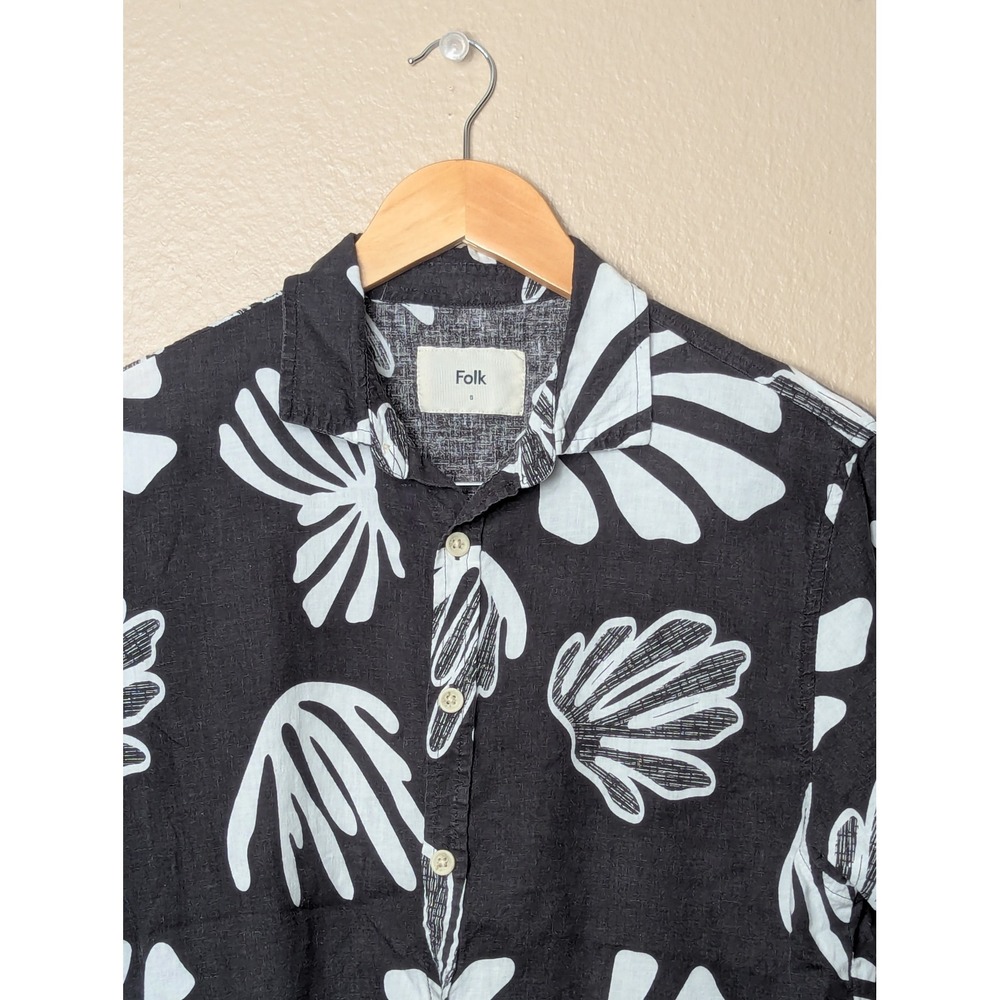Folk Button Down Shirt Mens S Black White Abstract‎ Shell Print Linen Blend 2199 - Picture 3 of 15